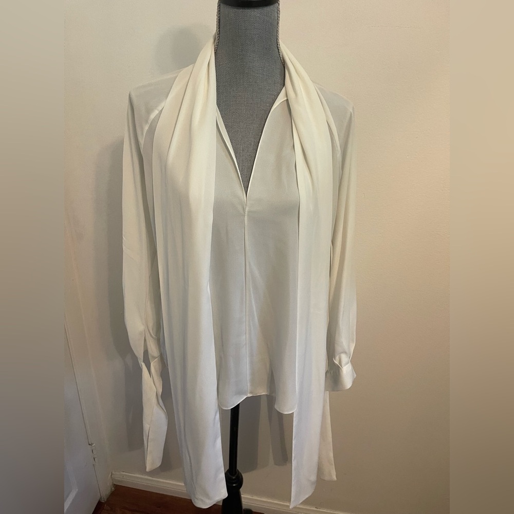 Elegant Ivory Draped Women’s Blouse with Scarf Detail. Size L